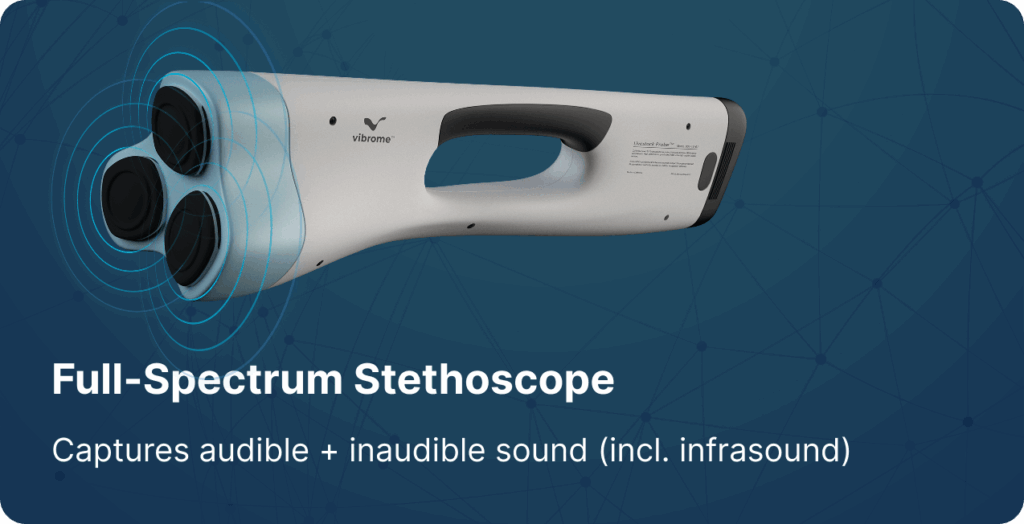 Vibrome® full-spectrum livestock embedded AI stethoscope capturing audible sound and inaudible vibration for non-invasive animal health diagnostics